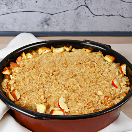 A mouthwatering Dutch oven apple crisp, topped with a golden and crispy oat topping.