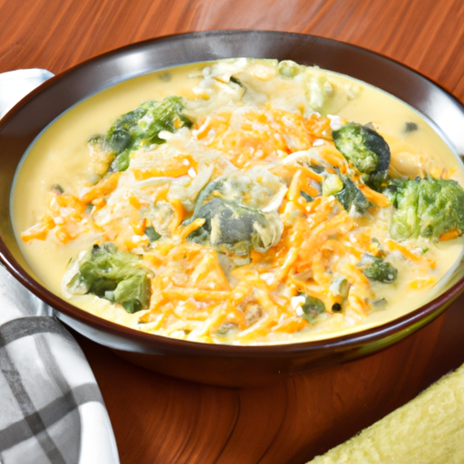 A steaming bowl of crockpot broccoli cheddar soup topped with shredded cheddar cheese