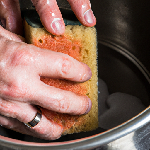 A person cleaning a stainless steel pot with a sponge.