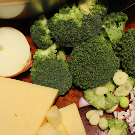 Fresh broccoli florets, diced onion, minced garlic, shredded cheddar cheese, and other ingredients for making crockpot broccoli cheddar soup