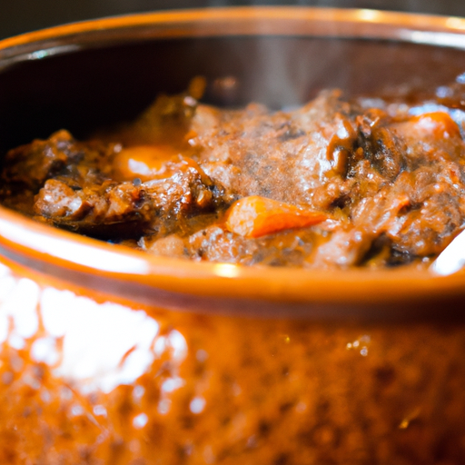 A steaming bowl of classic beef stew, cooked to perfection in a Dutch oven.